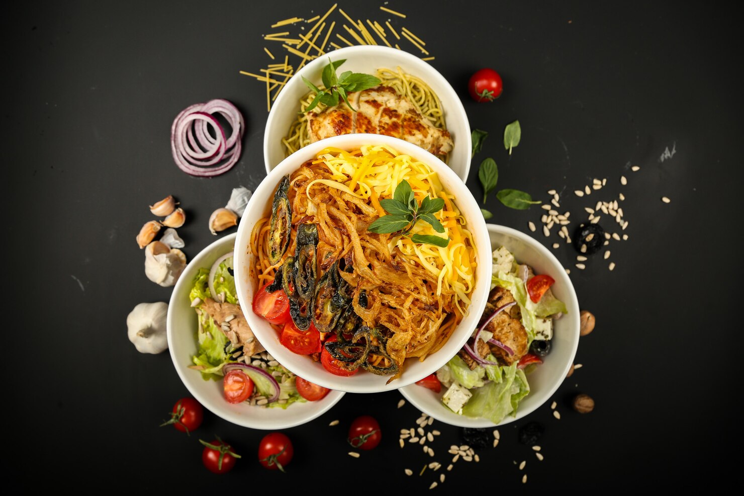 food-mix-salad-noodles-grillea-chicken-garlic-greena-top-view_141793-15488